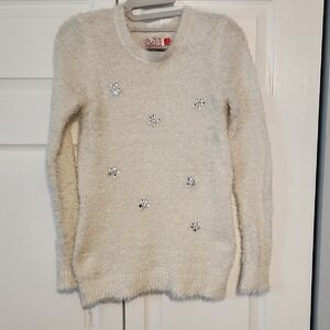 SO White Fuzzy Sweater with Silver Floral Details
